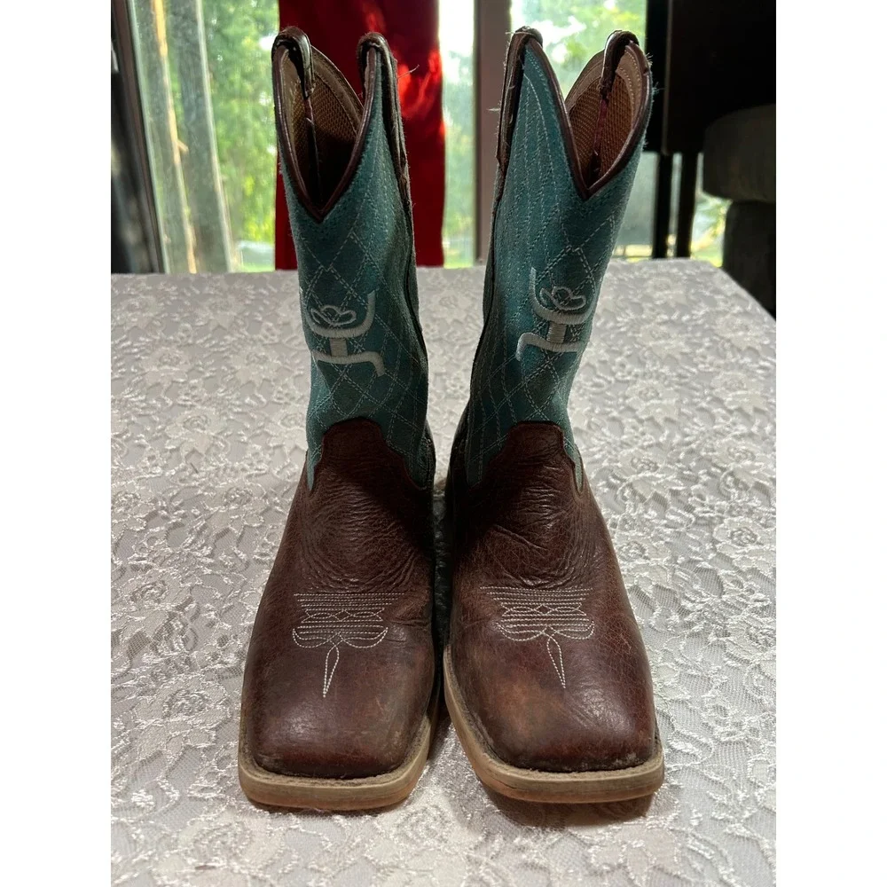 Twisted X Hooey Boot Brown Leather Teal Western Boots Kids 5 Rodeo Equestrian